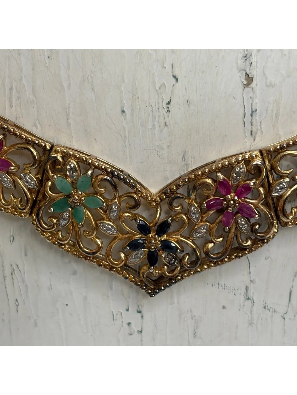 Filigree vermeil sterling choker necklace with emerald sapphire ruby detail vtg